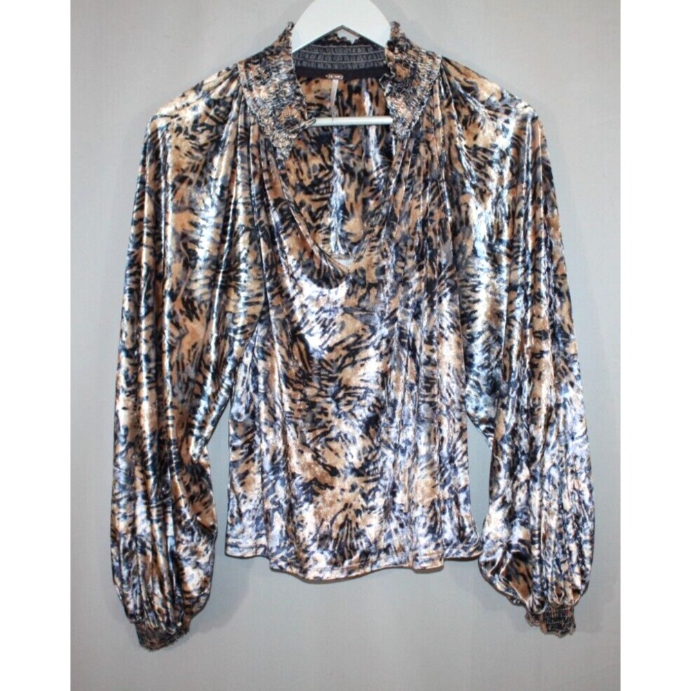 Free People Blouse Womens M Multicolor Crushed Velvet Poet Sleeve Boho Romantic